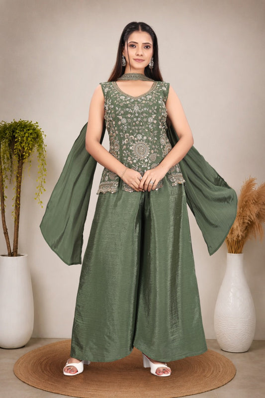 Olive Green hand work with  Embroidered work Sleeveless Peplum Top with Matching Palazzo Pants and Draped Dupatta