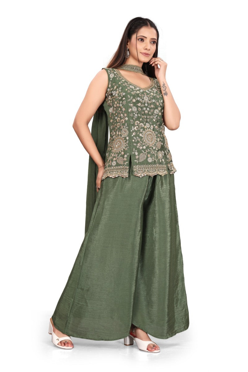 Olive Green hand work with  Embroidered work Sleeveless Peplum Top with Matching Palazzo Pants and Draped Dupatta