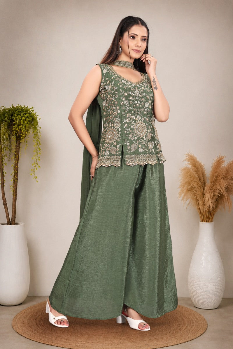 Olive Green hand work with  Embroidered work Sleeveless Peplum Top with Matching Palazzo Pants and Draped Dupatta