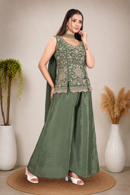 Olive Green hand work with  Embroidered work Sleeveless Peplum Top with Matching Palazzo Pants and Draped Dupatta