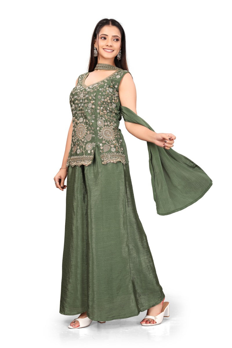Olive Green hand work with  Embroidered work Sleeveless Peplum Top with Matching Palazzo Pants and Draped Dupatta