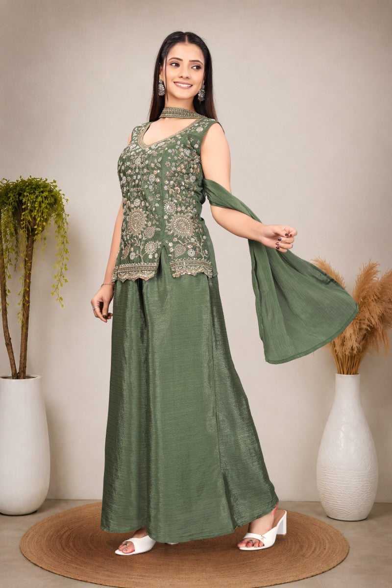 Olive Green hand work with  Embroidered work Sleeveless Peplum Top with Matching Palazzo Pants and Draped Dupatta