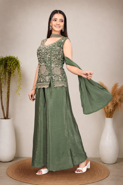 Olive Green hand work with  Embroidered work Sleeveless Peplum Top with Matching Palazzo Pants and Draped Dupatta