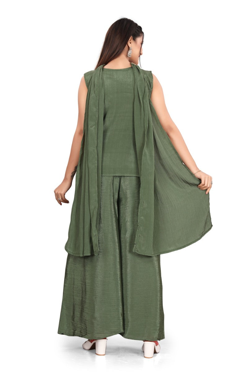 Olive Green hand work with  Embroidered work Sleeveless Peplum Top with Matching Palazzo Pants and Draped Dupatta