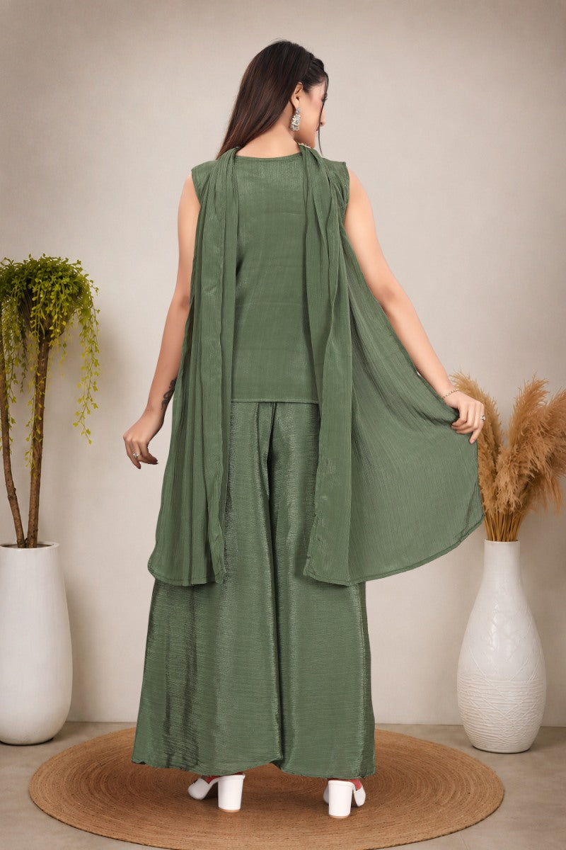 Olive Green hand work with  Embroidered work Sleeveless Peplum Top with Matching Palazzo Pants and Draped Dupatta
