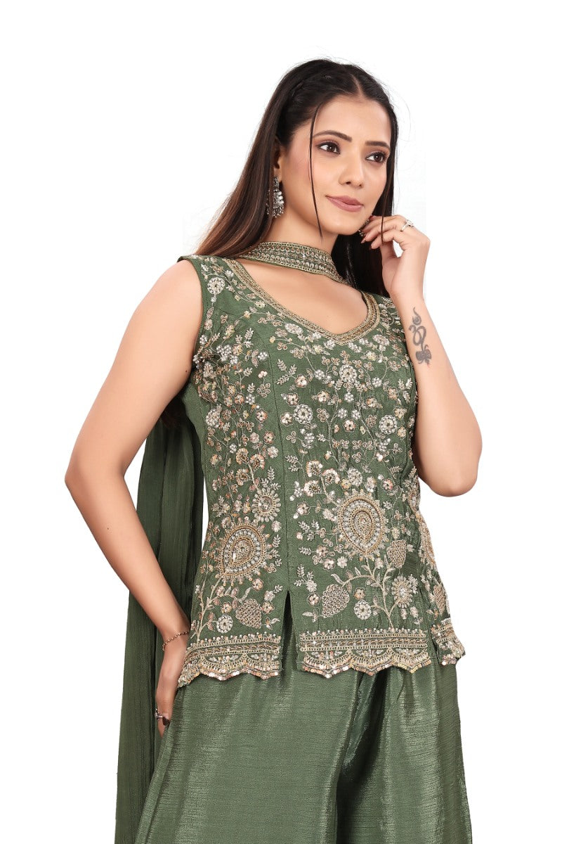 Olive Green hand work with  Embroidered work Sleeveless Peplum Top with Matching Palazzo Pants and Draped Dupatta