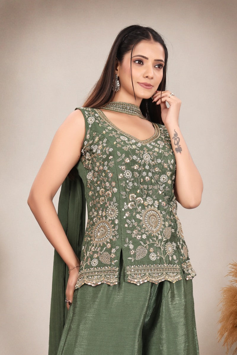 Olive Green hand work with  Embroidered work Sleeveless Peplum Top with Matching Palazzo Pants and Draped Dupatta