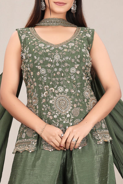 Olive Green hand work with  Embroidered work Sleeveless Peplum Top with Matching Palazzo Pants and Draped Dupatta