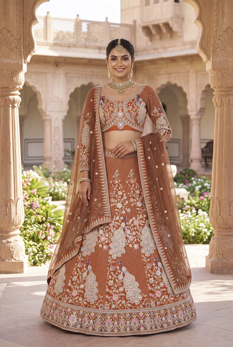 Rust Orange Silk Bridal Lehenga Choli With Heritage Dori And Peacock Embroidery