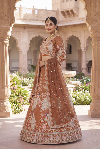 Rust Orange Silk Bridal Lehenga Choli With Heritage Dori And Peacock Embroidery
