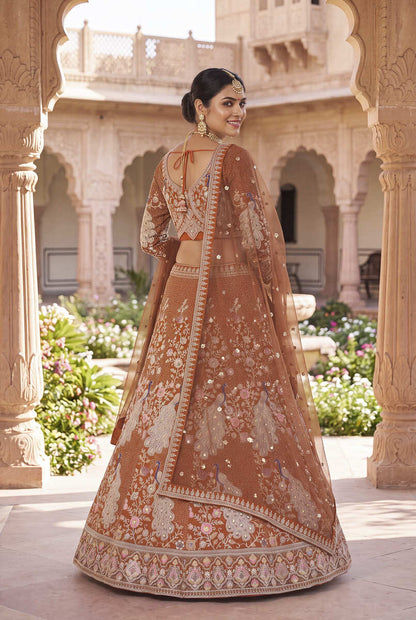 Rust Orange Silk Bridal Lehenga Choli With Heritage Dori And Peacock Embroidery
