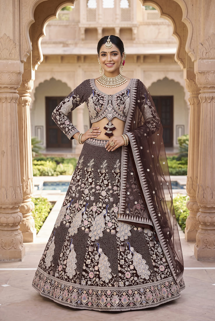 Women's Heavy Embroidered Net Lehenga Choli in Deep Wine with Peacock Motifs and Net Dupatta