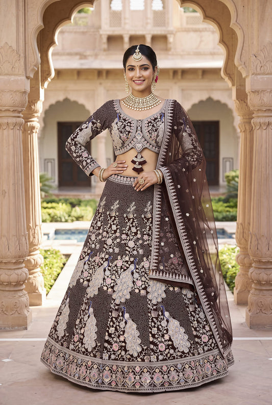 Women's Heavy Embroidered Net Lehenga Choli in Deep Wine with Peacock Motifs and Net Dupatta