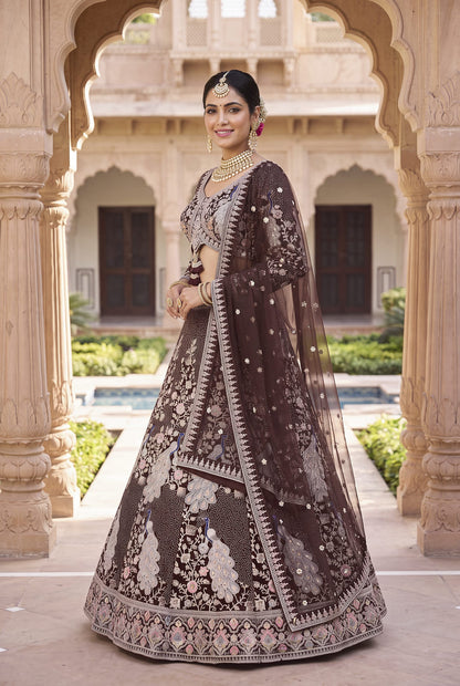Women's Heavy Embroidered Net Lehenga Choli in Deep Wine with Peacock Motifs and Net Dupatta