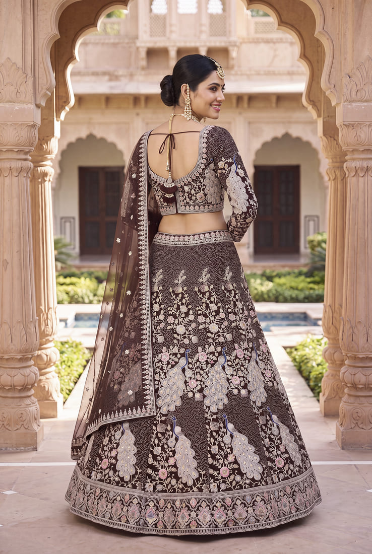 Women's Heavy Embroidered Net Lehenga Choli in Deep Wine with Peacock Motifs and Net Dupatta