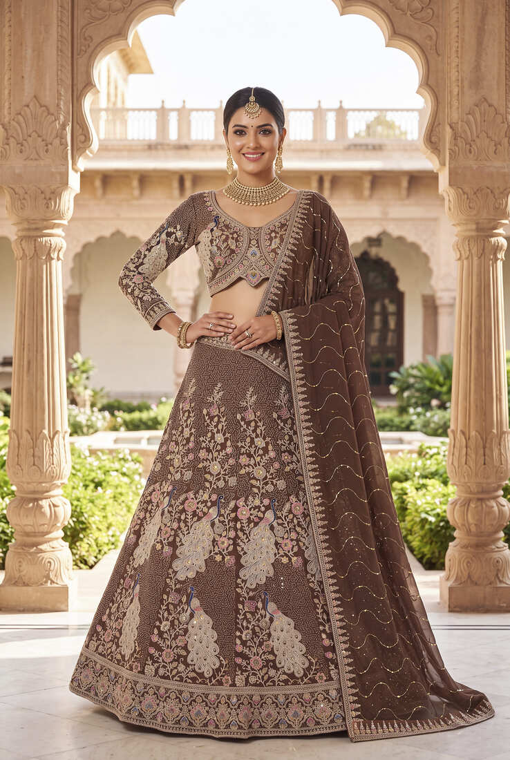 Warm brown n coffee colour Designer Ethnic Lehengha Choli with Intricate Peacock Threadwork