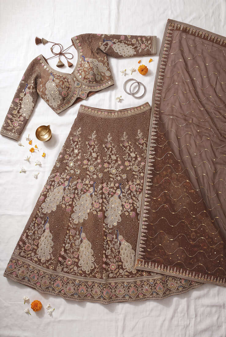 Warm brown n coffee colour Designer Ethnic Lehengha Choli with Intricate Peacock Threadwork