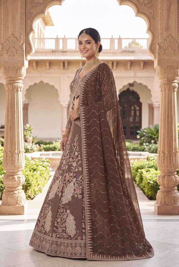 Warm brown n coffee colour Designer Ethnic Lehengha Choli with Intricate Peacock Threadwork