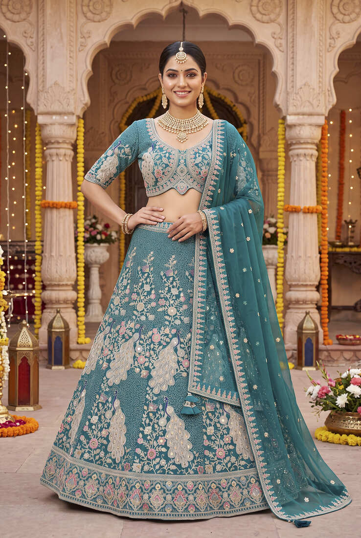Elegant Teal Blue Embroidered Lehenga Choli with Peacock Motif and Matching Dupatta