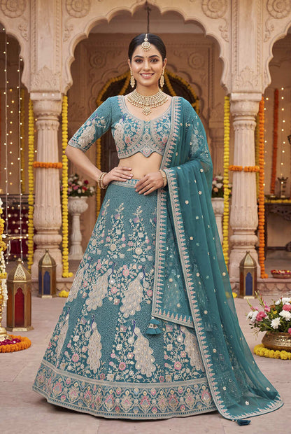 Elegant Teal Blue Embroidered Lehenga Choli with Peacock Motif and Matching Dupatta