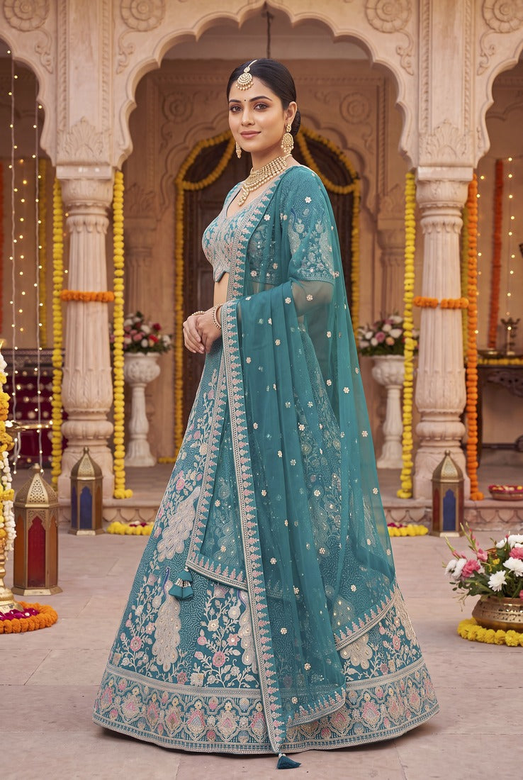 Elegant Teal Blue Embroidered Lehenga Choli with Peacock Motif and Matching Dupatta