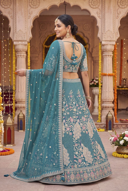 Elegant Teal Blue Embroidered Lehenga Choli with Peacock Motif and Matching Dupatta
