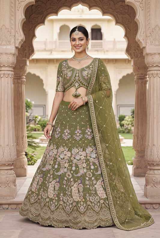 Designer Olive Green Lehengas for Women - Traditional Wedding Wear with Heavy Thread Work and Sequins