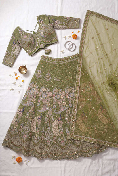 Designer Olive Green Lehengas for Women - Traditional Wedding Wear with Heavy Thread Work and Sequins