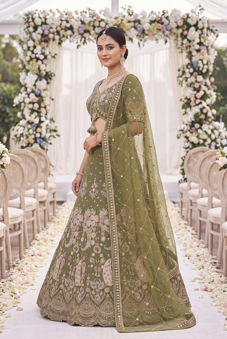 Designer Olive Green Lehengas for Women - Traditional Wedding Wear with Heavy Thread Work and Sequins