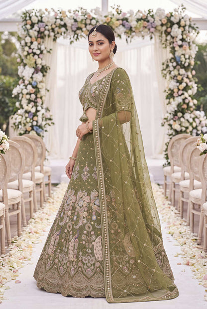 Designer Olive Green Lehengas for Women - Traditional Wedding Wear with Heavy Thread Work and Sequins