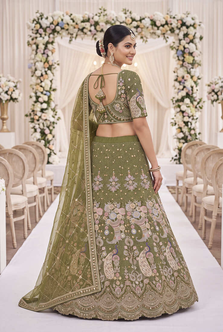 Designer Olive Green Lehengas for Women - Traditional Wedding Wear with Heavy Thread Work and Sequins