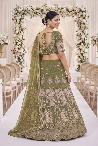 Designer Olive Green Lehengas for Women - Traditional Wedding Wear with Heavy Thread Work and Sequins