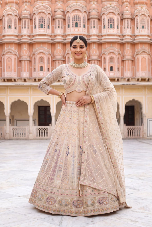 Exquisite Beige Embroidered Lehenga Choli Set with Dupatta – Designer Indian Ethnic Wear for Weddings and Festive Occasions