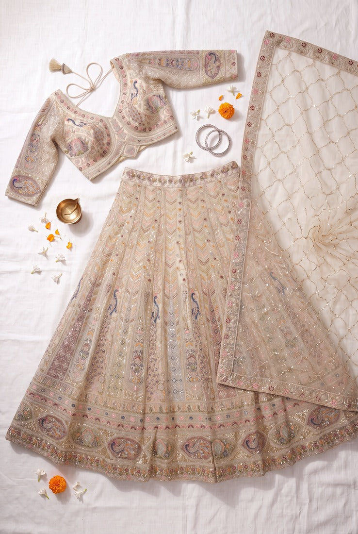 Exquisite Beige Embroidered Lehenga Choli Set with Dupatta – Designer Indian Ethnic Wear for Weddings and Festive Occasions