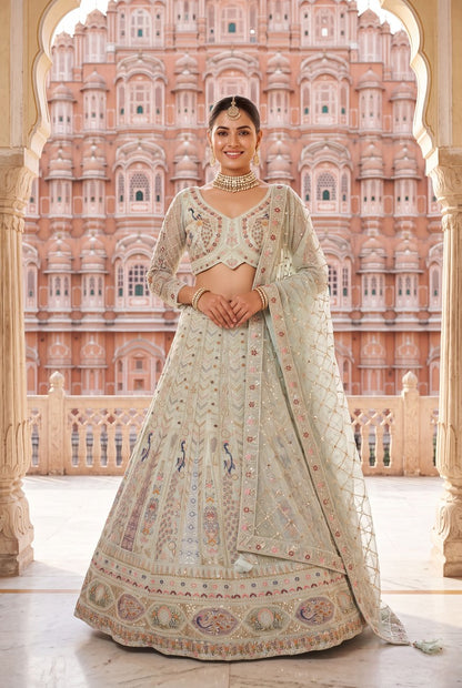Designer Pastel Mint Lehenga Choli with Heavy Thread & Zari Embroidery, Perfect for Bridal & Festive Occasions