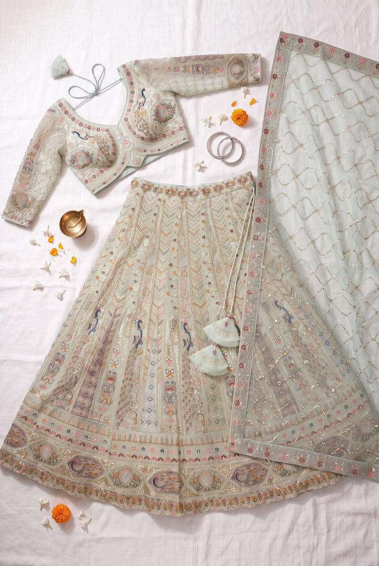 Designer Pastel Mint Lehenga Choli with Heavy Thread & Zari Embroidery, Perfect for Bridal & Festive Occasions