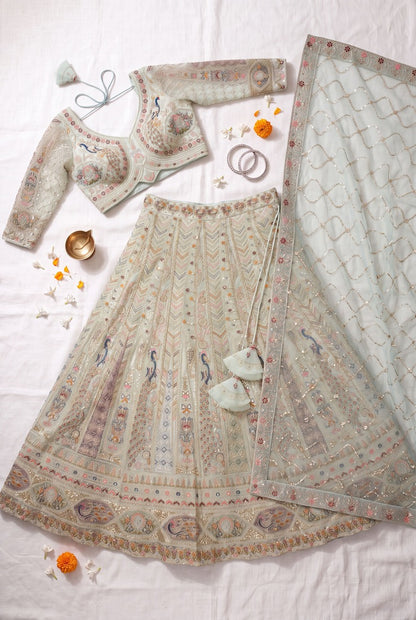 Designer Pastel Mint Lehenga Choli with Heavy Thread & Zari Embroidery, Perfect for Bridal & Festive Occasions