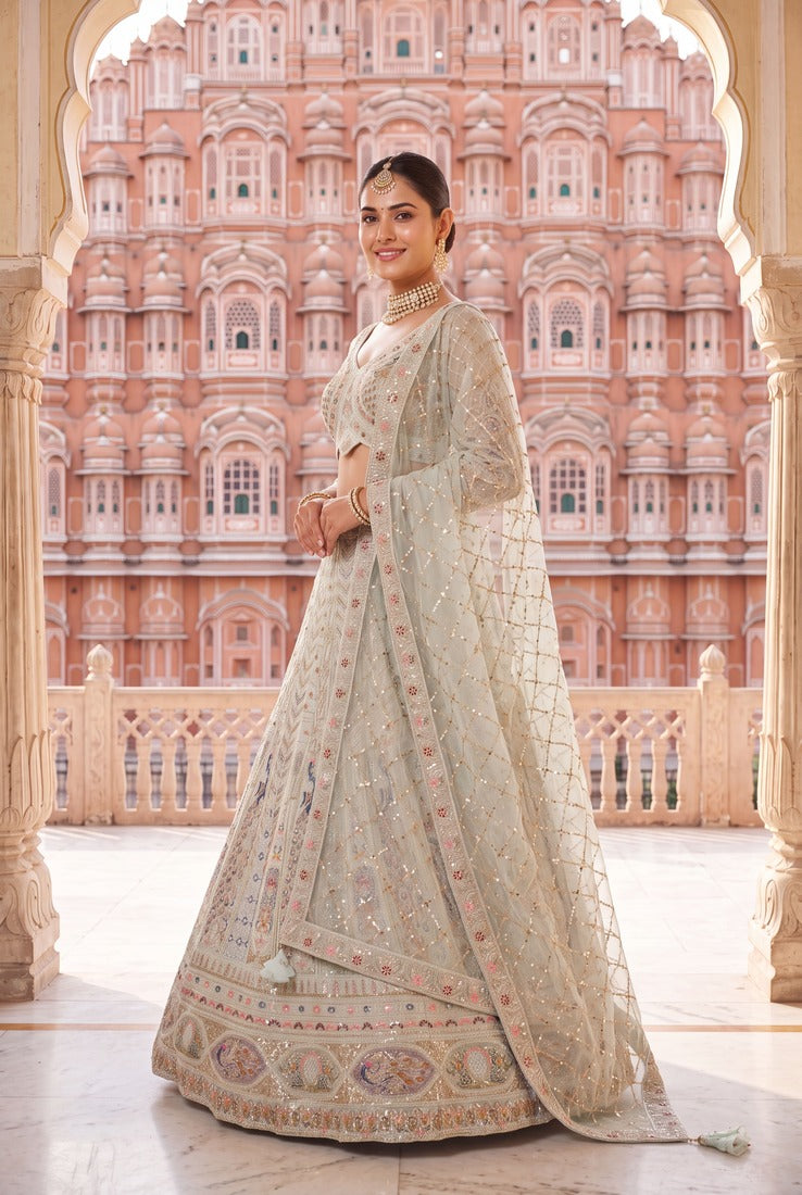 Designer Pastel Mint Lehenga Choli with Heavy Thread & Zari Embroidery, Perfect for Bridal & Festive Occasions
