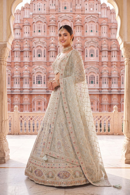 Designer Pastel Mint Lehenga Choli with Heavy Thread & Zari Embroidery, Perfect for Bridal & Festive Occasions
