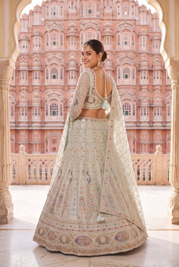 Designer Pastel Mint Lehenga Choli with Heavy Thread & Zari Embroidery, Perfect for Bridal & Festive Occasions