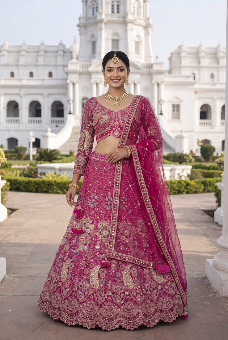 Premium Fuchsia Pink Embroidered Lehenga Choli with Zari Work and Net Dupatta – Elegant Wedding & Festive Ethnic Wear