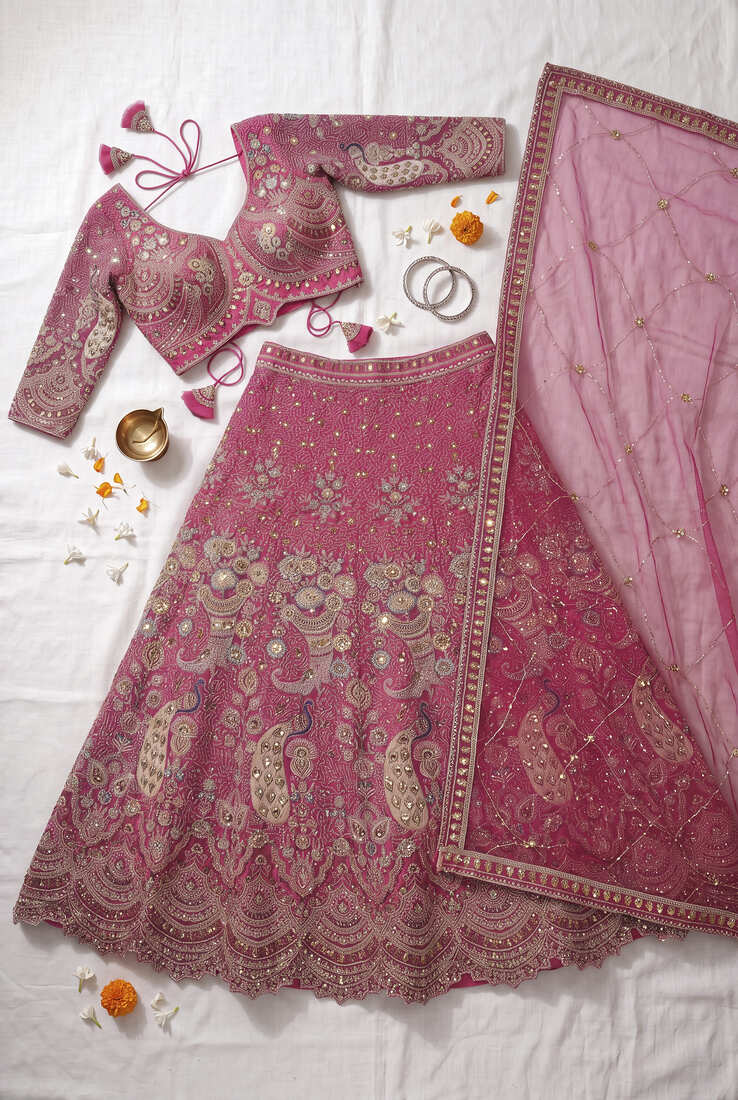 Premium Fuchsia Pink Embroidered Lehenga Choli with Zari Work and Net Dupatta – Elegant Wedding & Festive Ethnic Wear