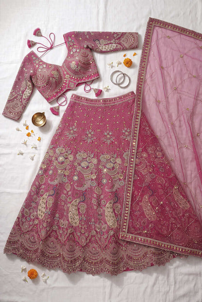 Premium Fuchsia Pink Embroidered Lehenga Choli with Zari Work and Net Dupatta – Elegant Wedding & Festive Ethnic Wear