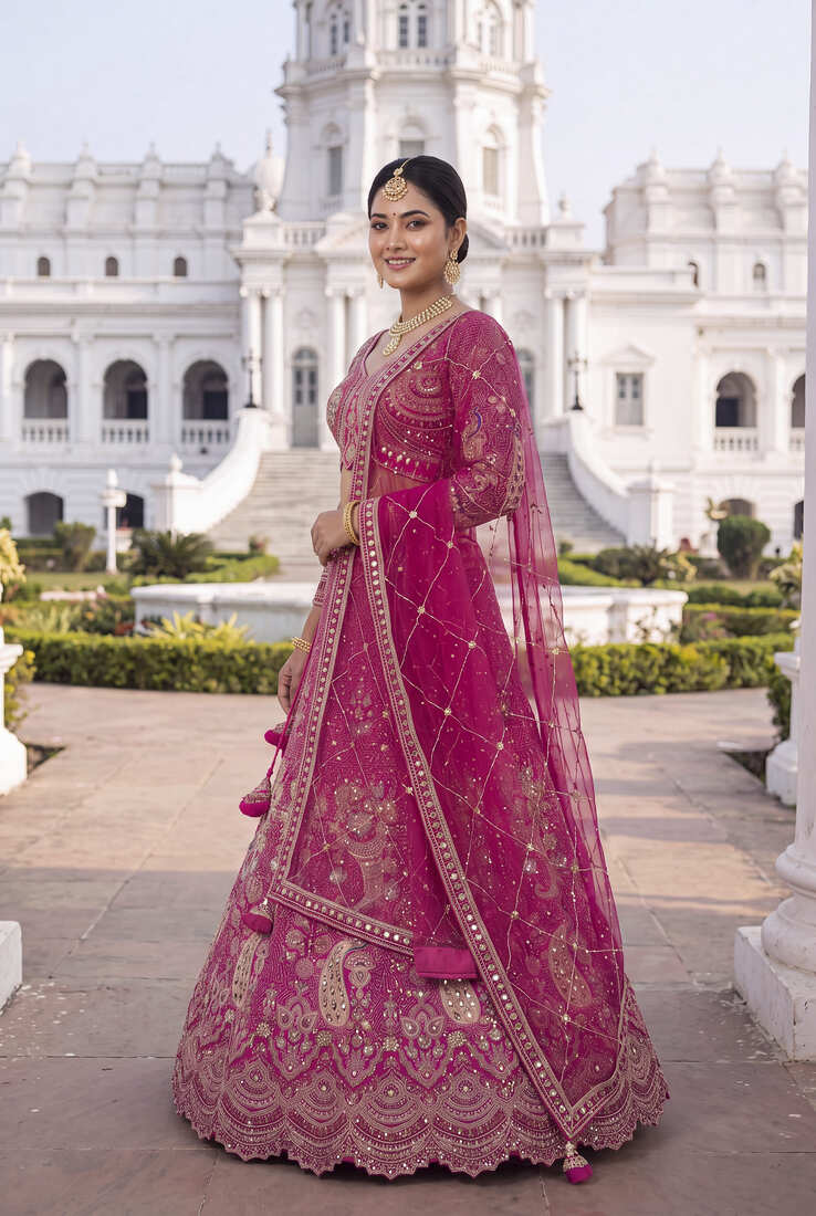 Premium Fuchsia Pink Embroidered Lehenga Choli with Zari Work and Net Dupatta – Elegant Wedding & Festive Ethnic Wear