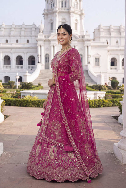 Premium Fuchsia Pink Embroidered Lehenga Choli with Zari Work and Net Dupatta – Elegant Wedding & Festive Ethnic Wear