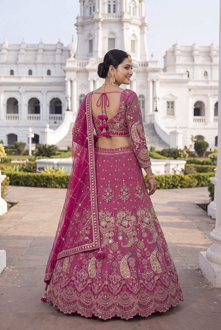 Premium Fuchsia Pink Embroidered Lehenga Choli with Zari Work and Net Dupatta – Elegant Wedding & Festive Ethnic Wear