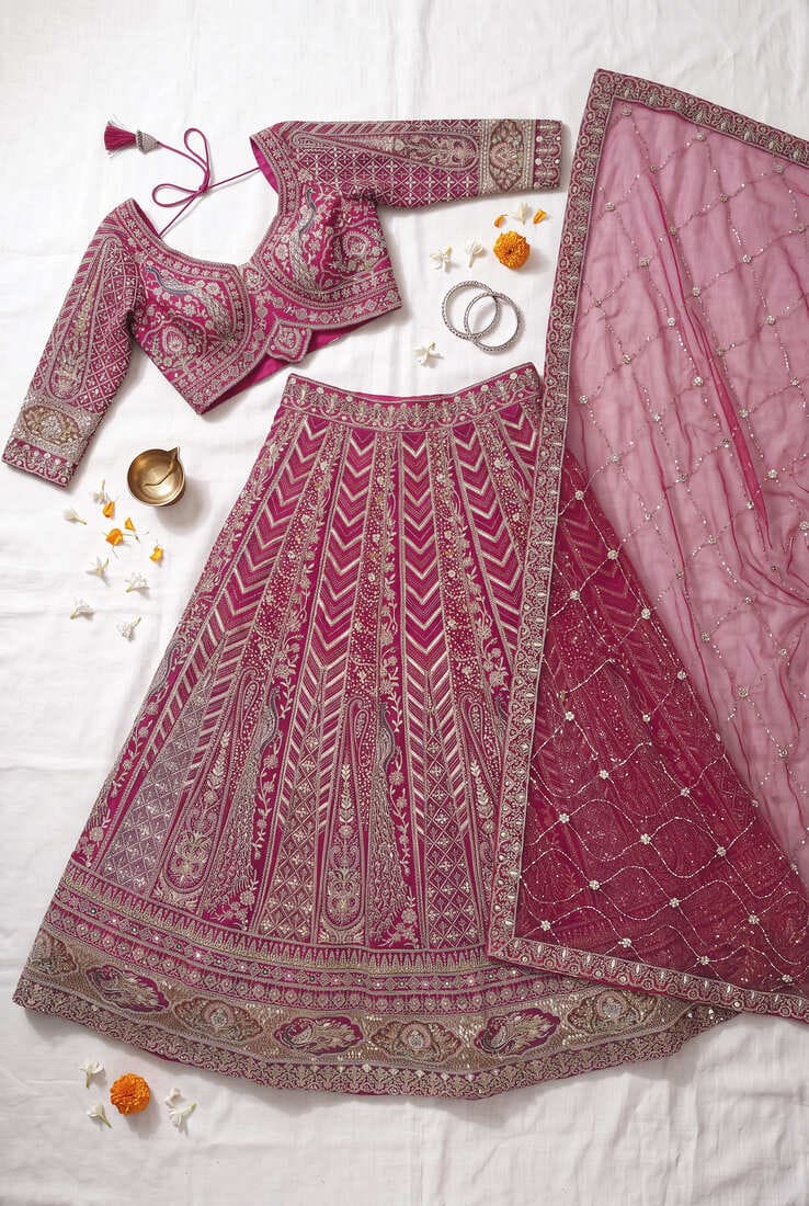 Royal Magenta Designer Lehenga Set with Intricate Hand Embroidery and Sheer Dupatta - Perfect for Weddings & Receptions