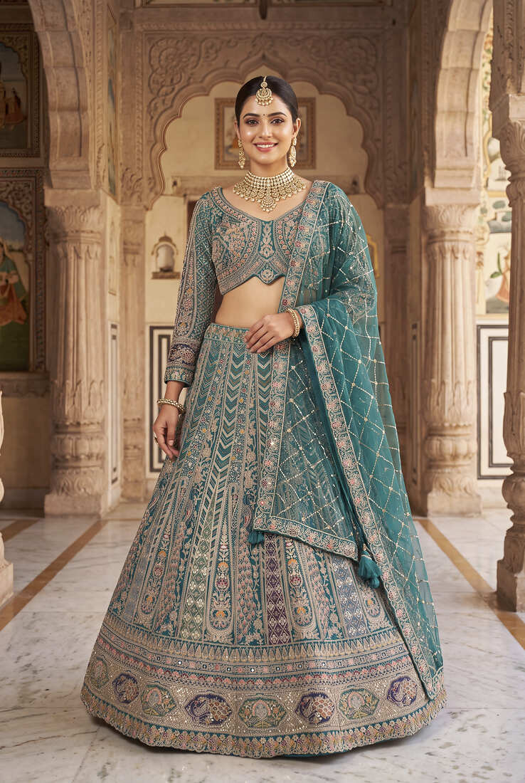Thread and Zari Work Lehenga Choli – Premium Teal Party Wear Traditional Indian Outfit