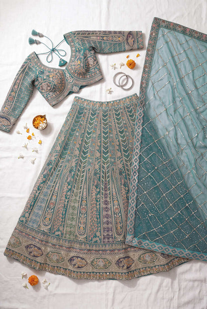 Thread and Zari Work Lehenga Choli – Premium Teal Party Wear Traditional Indian Outfit