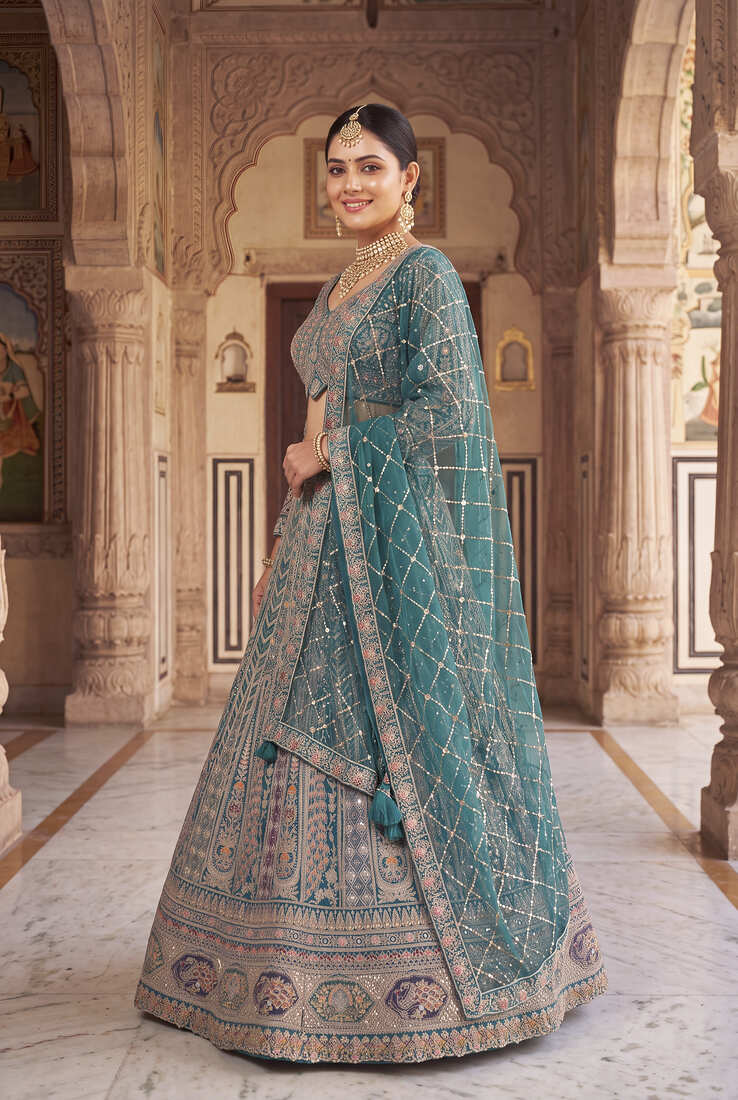 Thread and Zari Work Lehenga Choli – Premium Teal Party Wear Traditional Indian Outfit